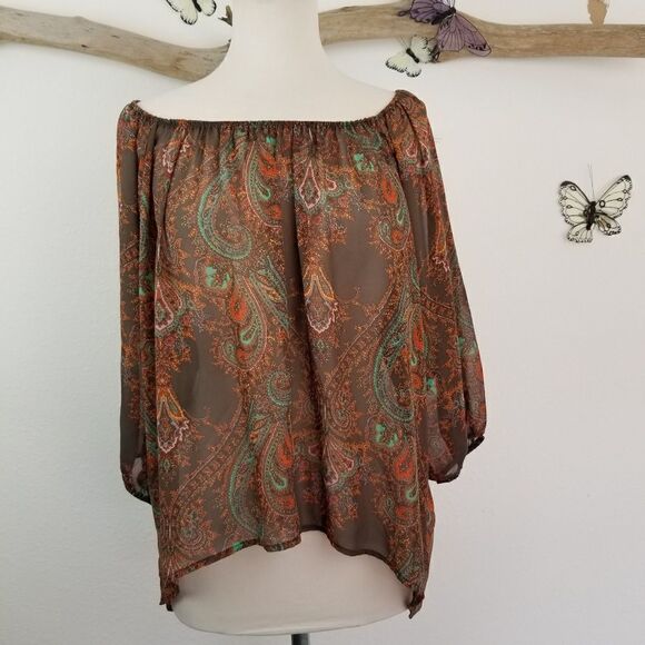 Bobeau elastic off the shoulder boho paisley top - Picture 1 of 6